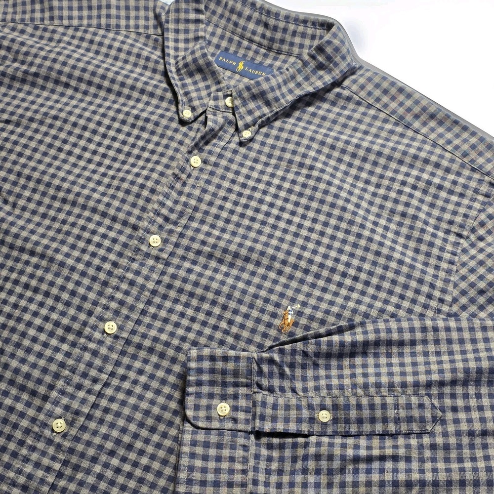 Ralph Lauren Men's Plaid Long Sleeve Button Down Shirt Cotton Navy Gray 3XL